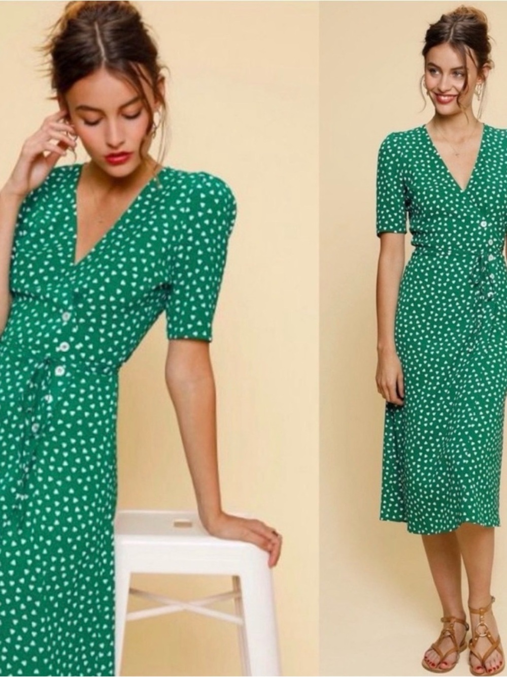 Rouje Green Midi Dress with White Heart Print